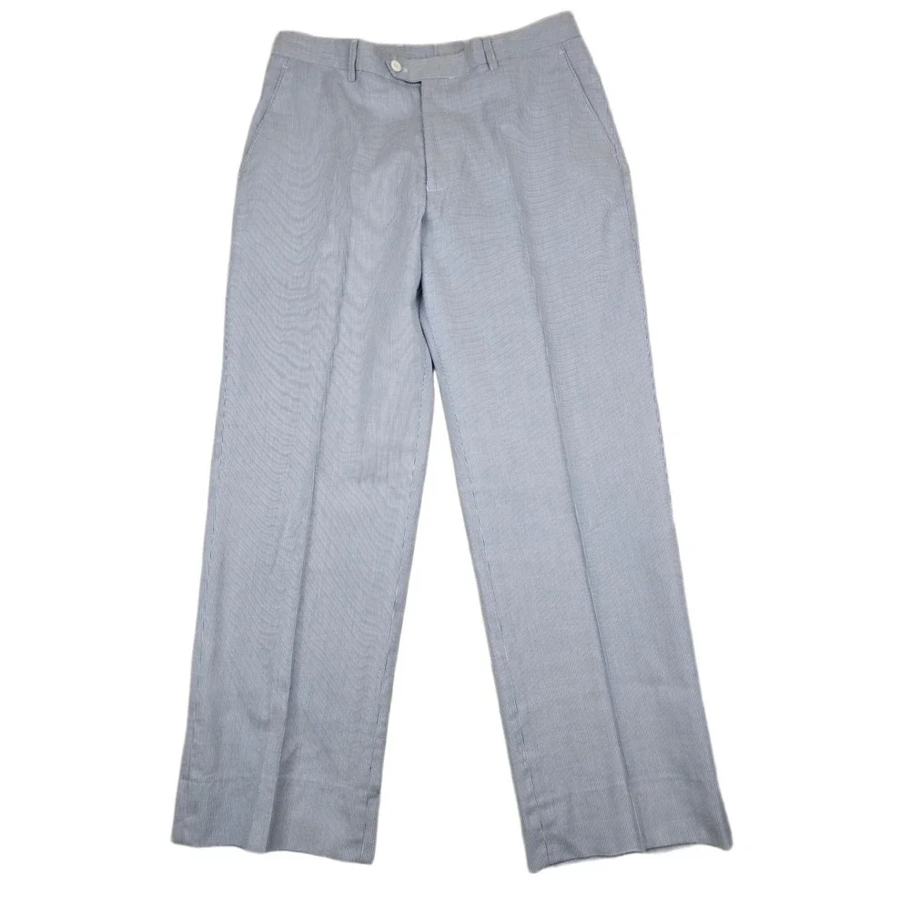 Alan Flusser Seersucker Dress Pants Mens 34x29 Blue White Micro Stripe Cotton